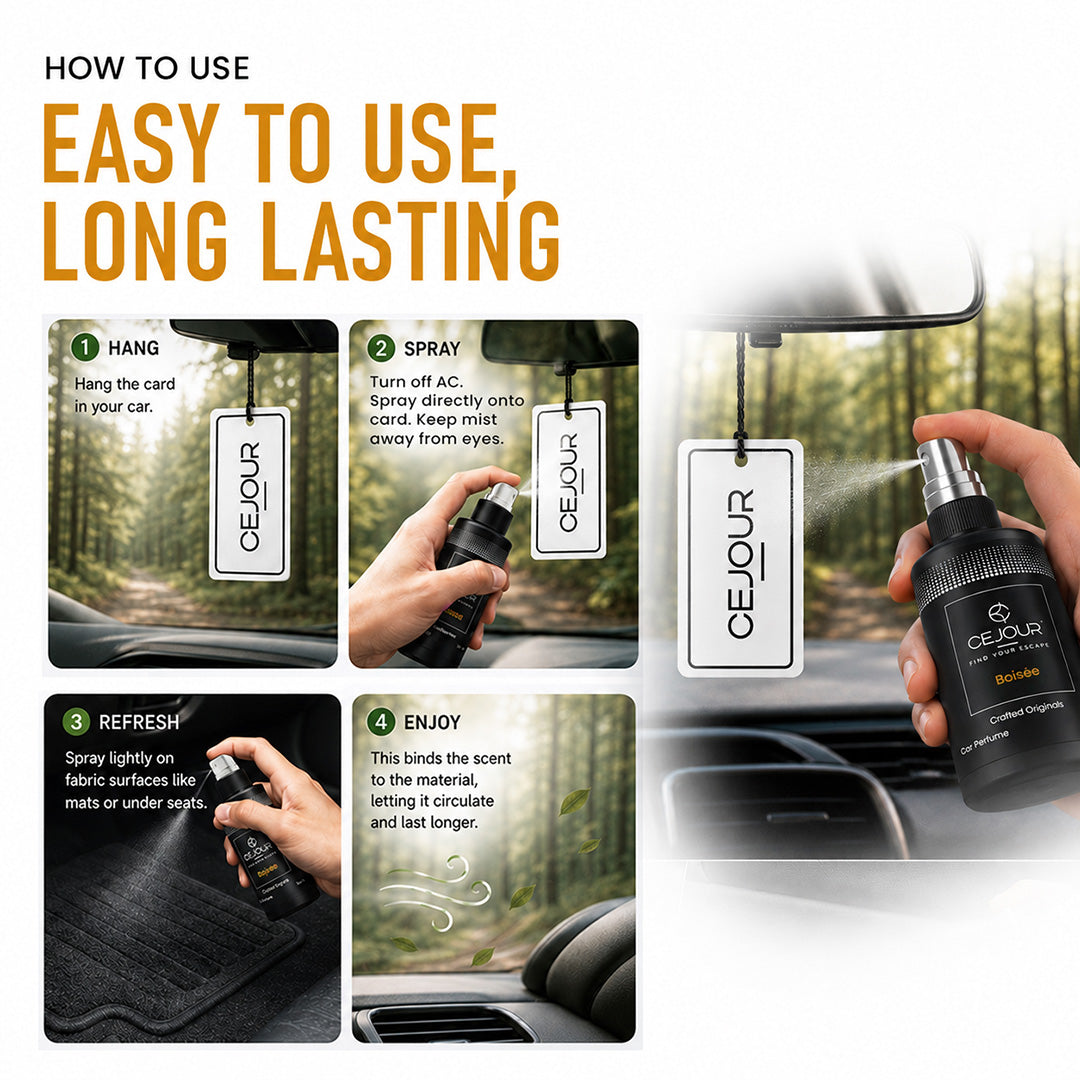 Cejour Boisee Woody Car Perfume Spray with Hanging Card – 30 ml | 60+ Days, 300+ Sprays