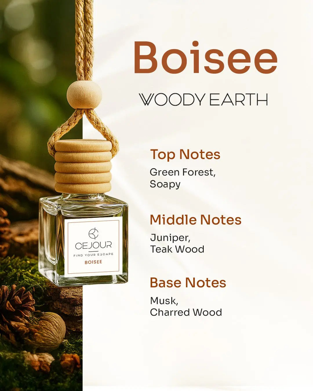 BOISÉE Woody Car Perfume Diffuser long lasting car perfume, vehicles air freshners, indian car perfumes, made in india car perfumes, cejour car perfumes, cejour.in , hanging car perfumes, hanging air freshners, 