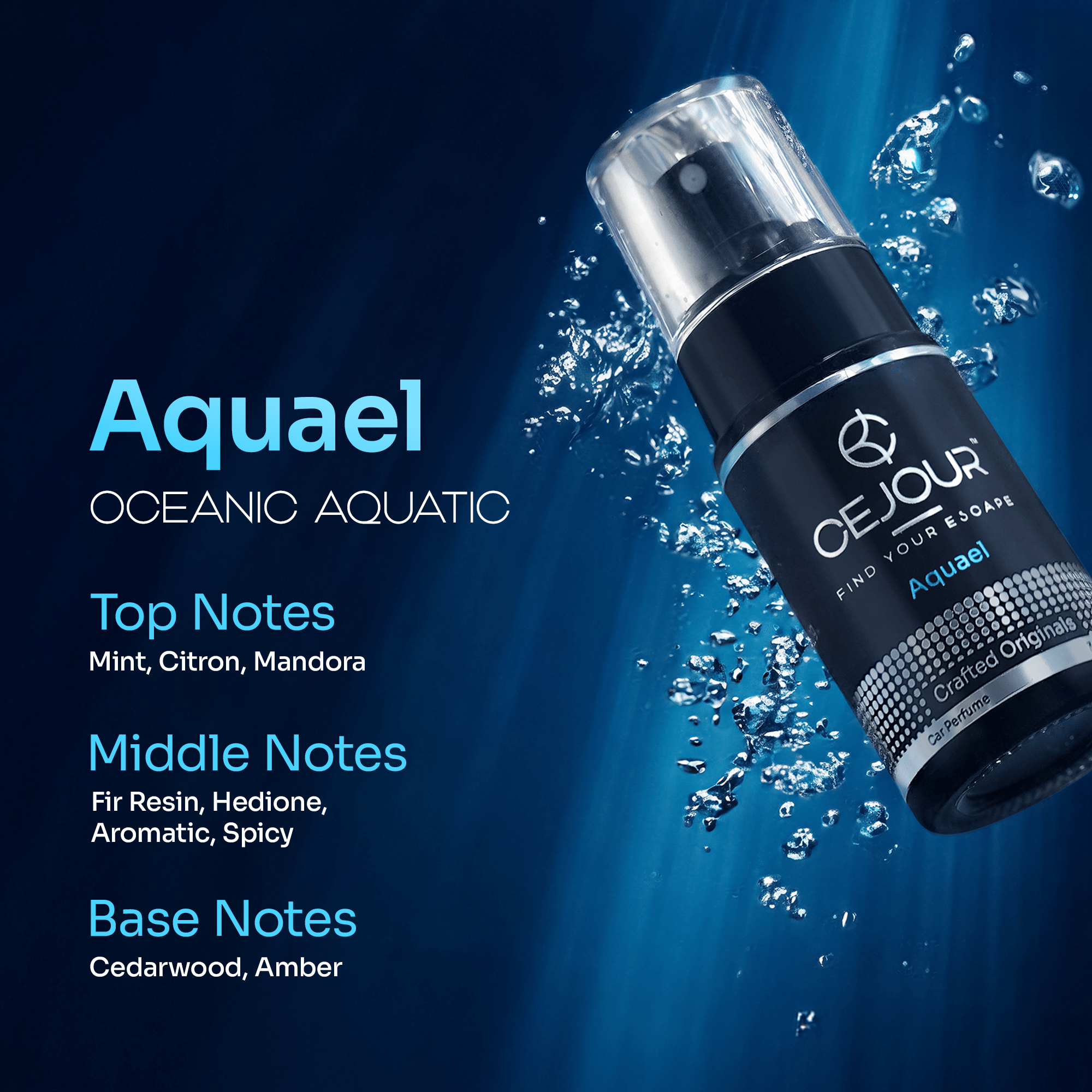 Cejour AQUAEL Oceanic Car Perfume Spray with Hanging Card – 30 ml | 60+ Days, 250+ Sprays - Cejour