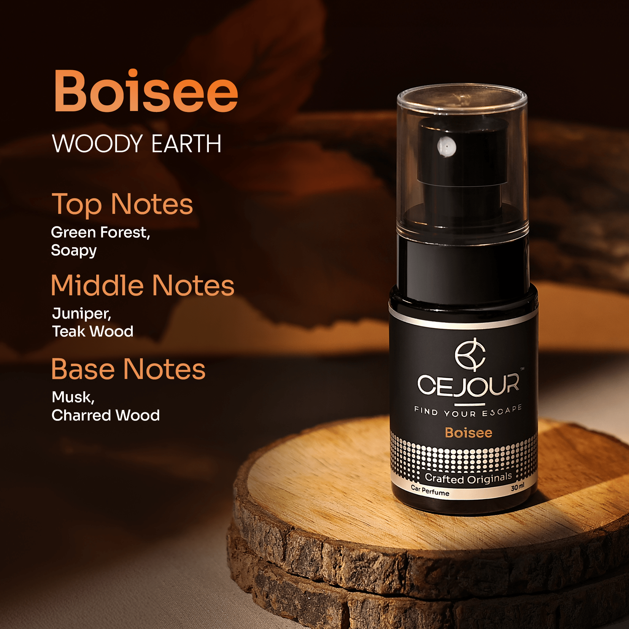 Cejour BOISÉE Woody Car Perfume Spray with Hanging Card – 30 ml | 60+ Days, 250+ Sprays - Cejour