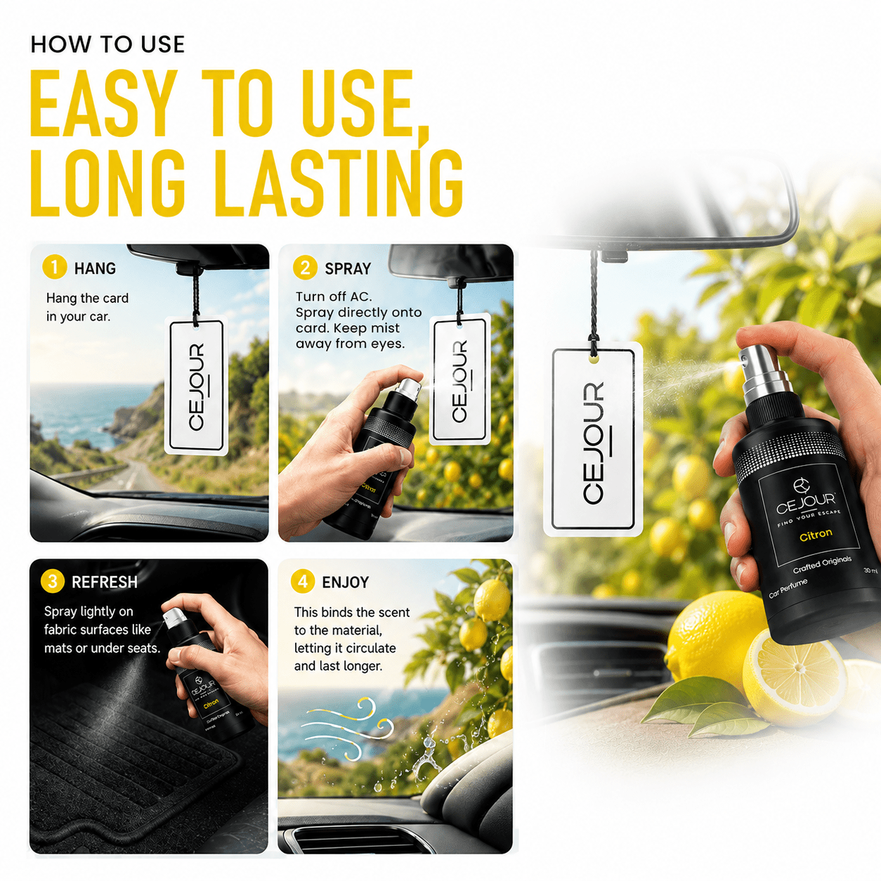 Cejour Citron Car Perfume Spray with Hanging Card – 30 ml | 60+ Days, 300+ Sprays - Cejour