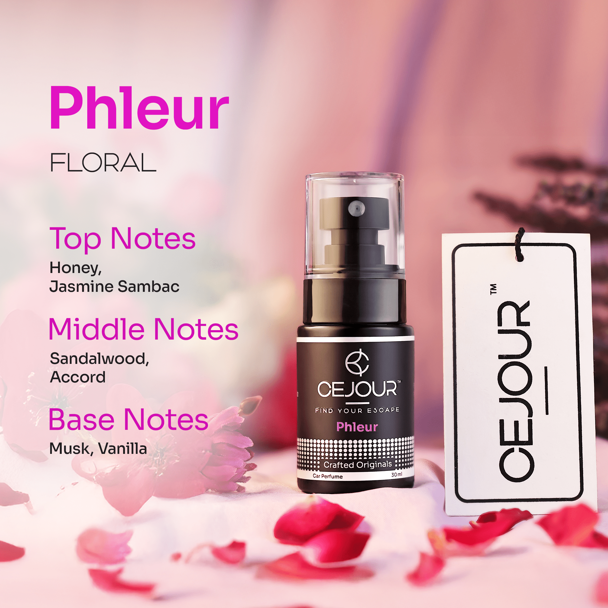 Cejour PHLEUR Floral Car Perfume Spray with Hanging Card – 30 ml | 60+ Days, 250+ Sprays - Cejour