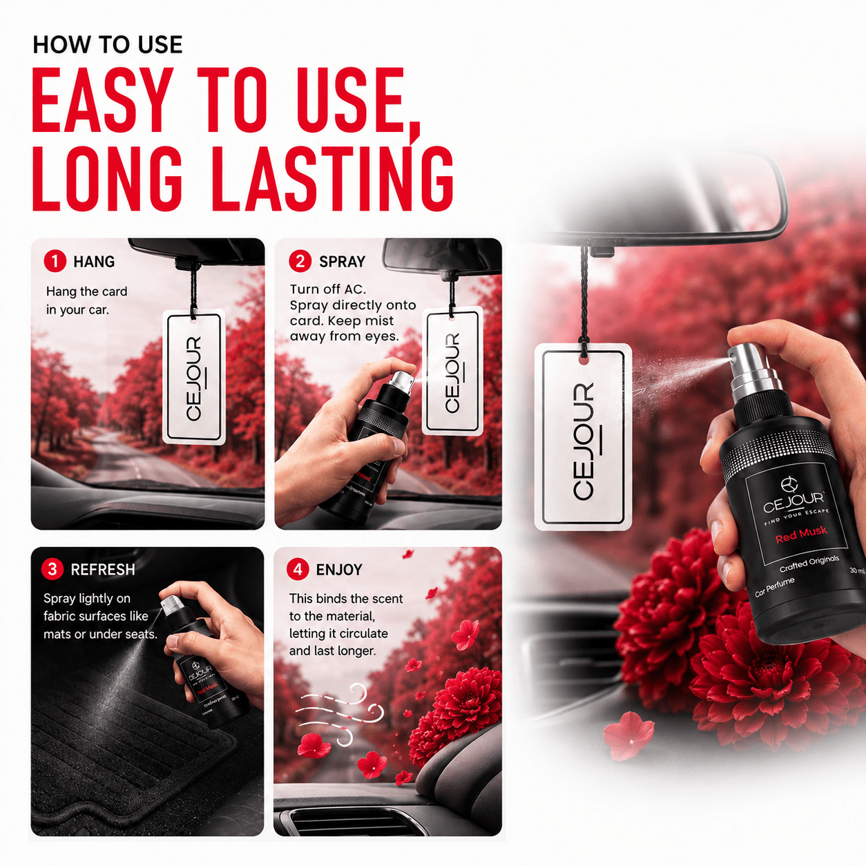 Cejour Red Musk Car Perfume Spray with Hanging Card – 30 ml | 60+ Days, 300+ Sprays - Cejour
